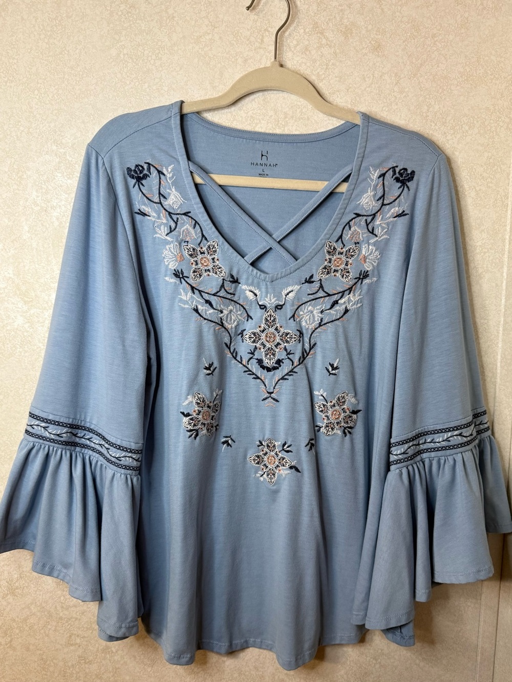 Hannah Sky Blue Embroidered V-Neck Tunic